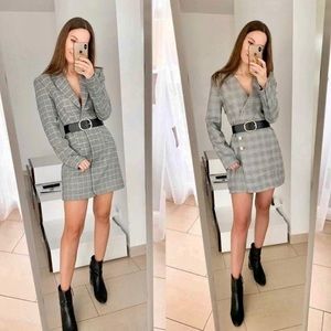 ZARA NWT Plaid Blazer Shoulder Pad Mini Dress Black White